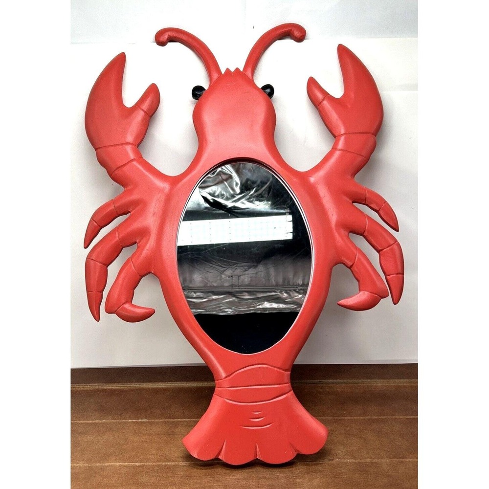 Handcrafted Wood 20" Red‎ Lobster Shaped Wall Hanging Mirror, Nautical Decor
